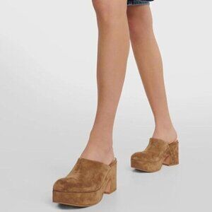 Pazzion Brown Thick Platform Round Toe Slip On Block High Heel Clogs Mules